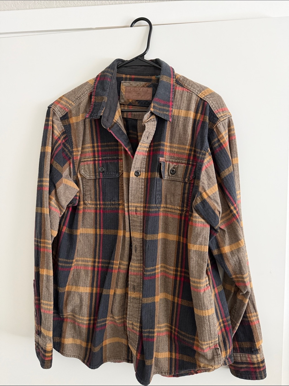 Orvis Brown, Navy & Mustard Plaid Button-Down Shirt